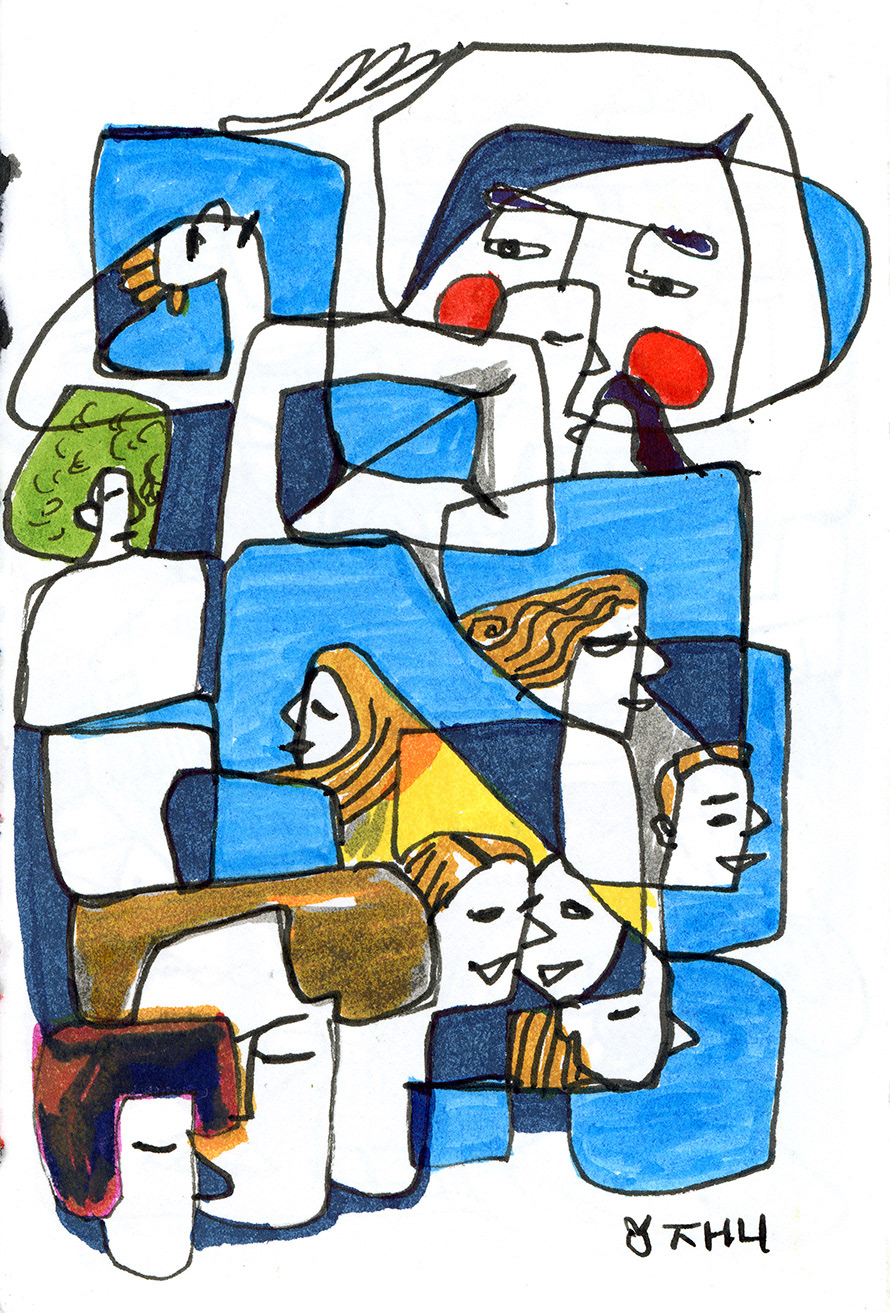 Faces, ink color on paper