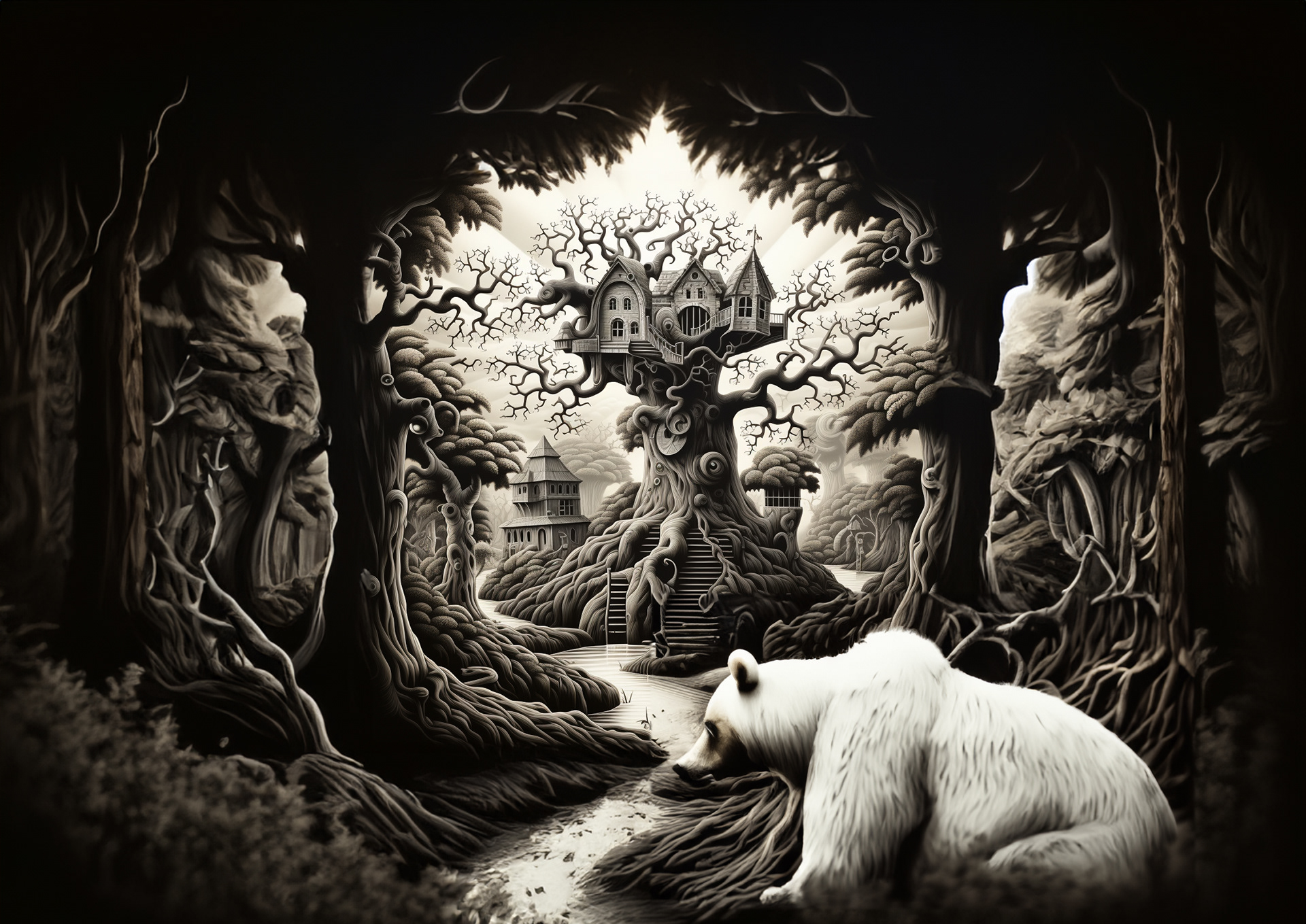ai, artificial intelligence, Surreal monochrome scene with a polar bear, intricate tree-root pathway, and Victorian houses nestled in a mystical forest.