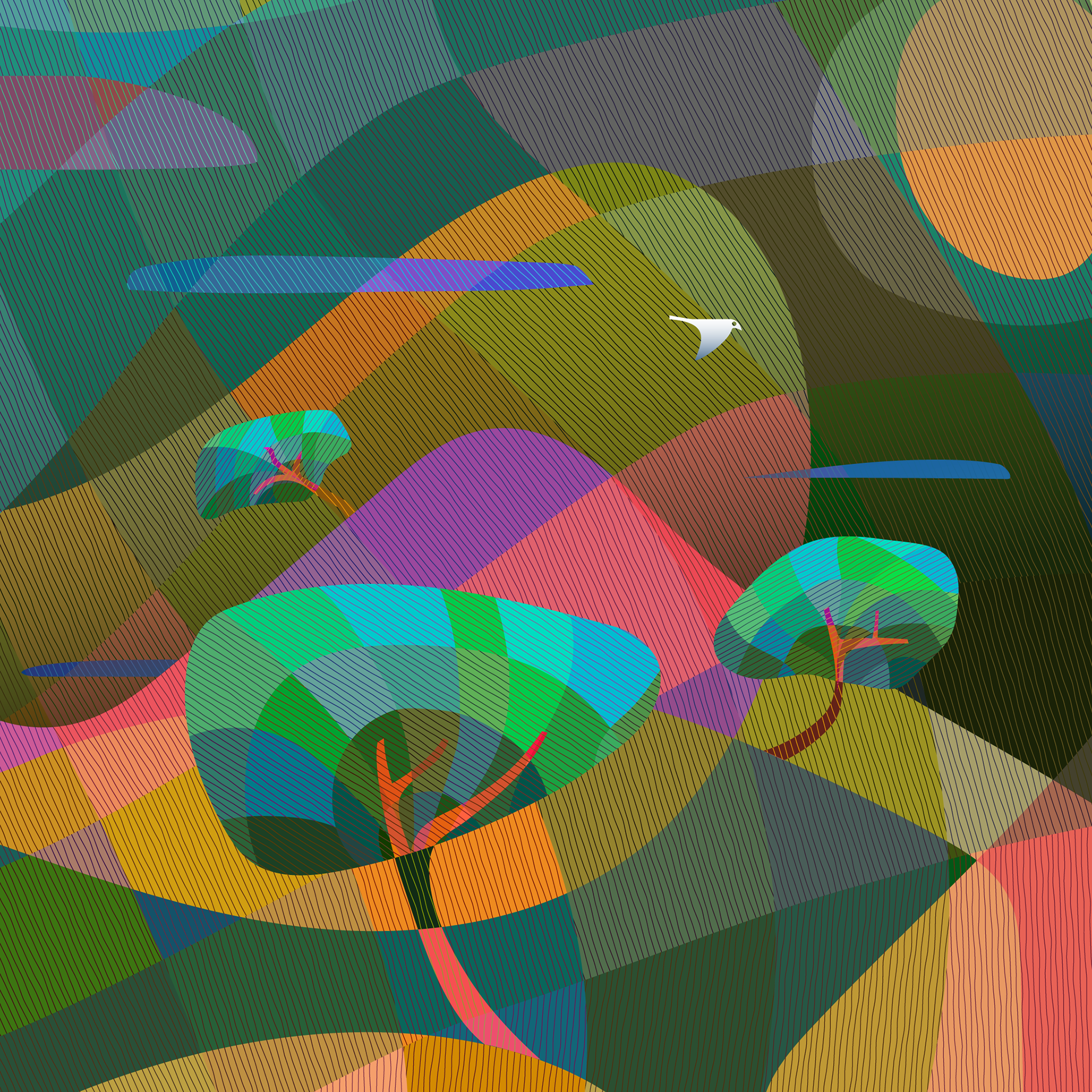 Bird, Trees, Hills and Clouds 