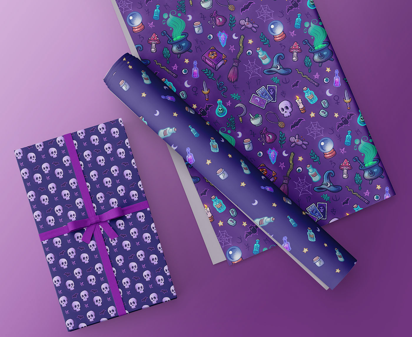 Wrapping paper with cute witchy style pattern design