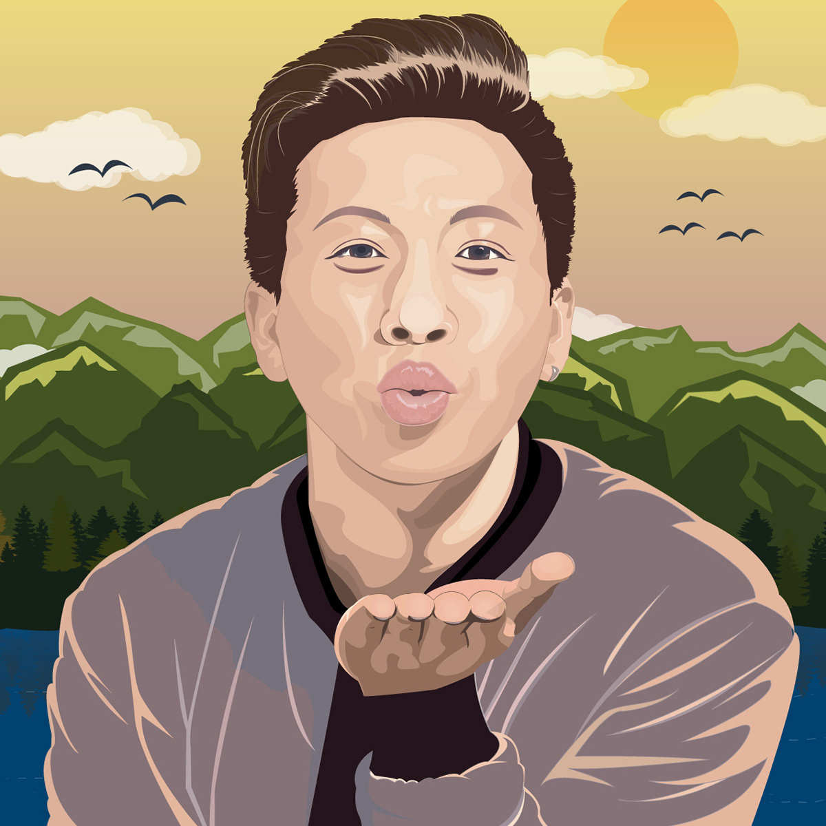 This color portrait demonstrates my digital illustration skillset using line, shape, color, gradation, value (shadow, mid-tones, highlights) and abstraction.