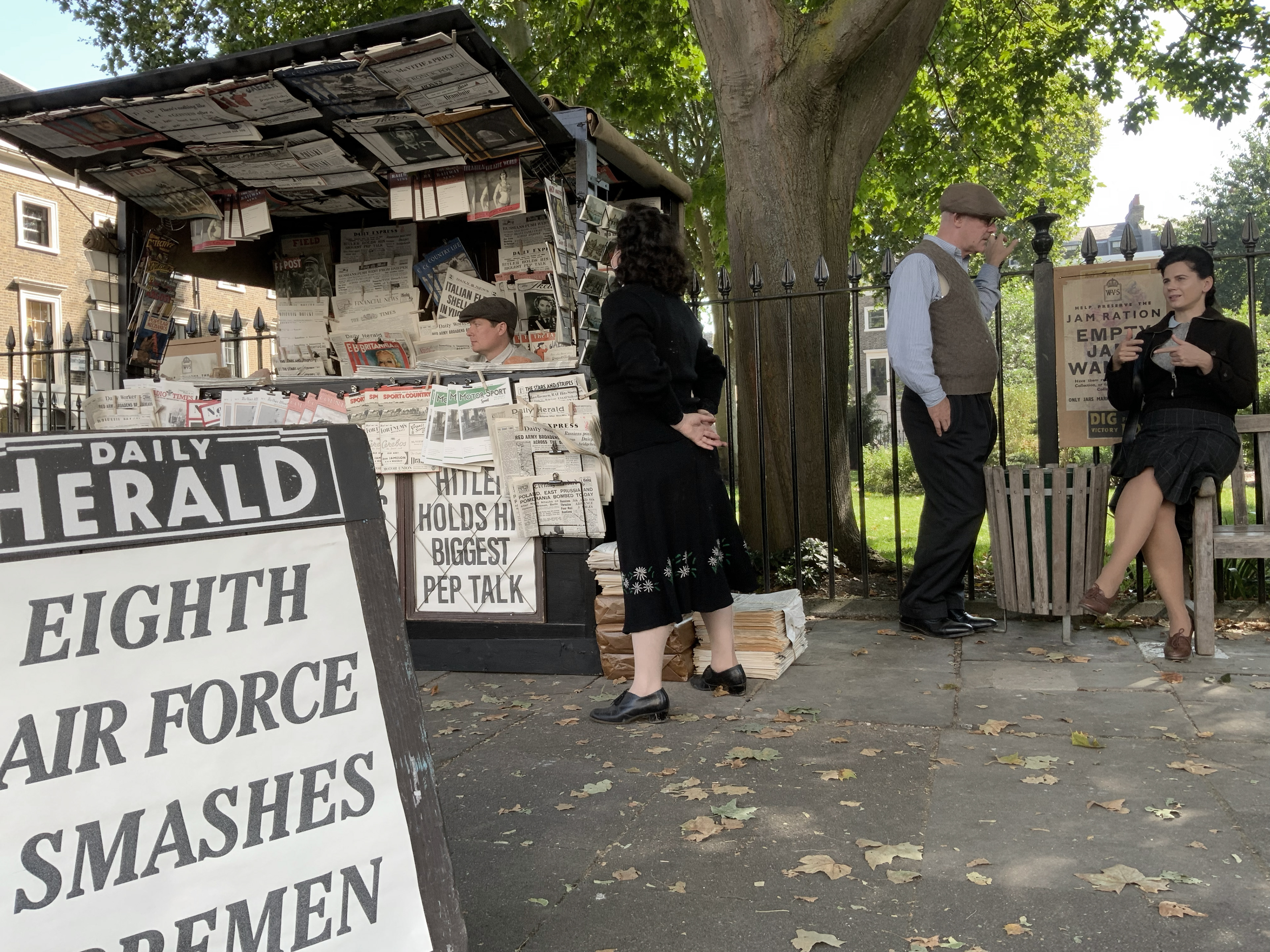 1943 London Newspaper stand with scripted newspapers