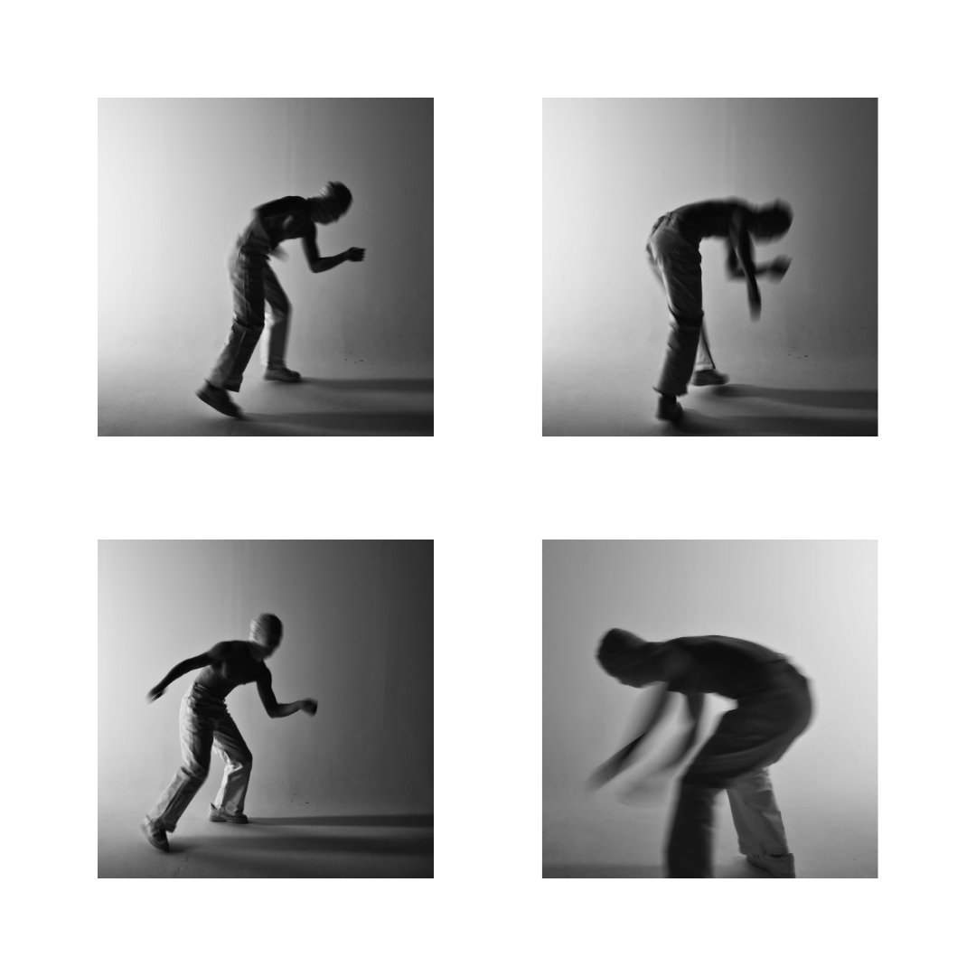 Four-panel black and white motion study of a figure in dynamic movement poses, Bianchetto white jeans, motion blur photography, MINUSELEVEN AUDIOVISUAL