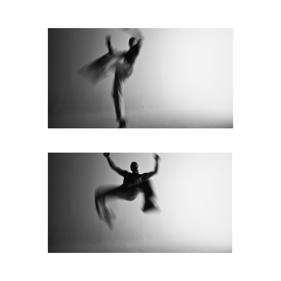 Dual display of masked model in white jeans in the midst of performing an aerial kick with motion blur and in black and white.