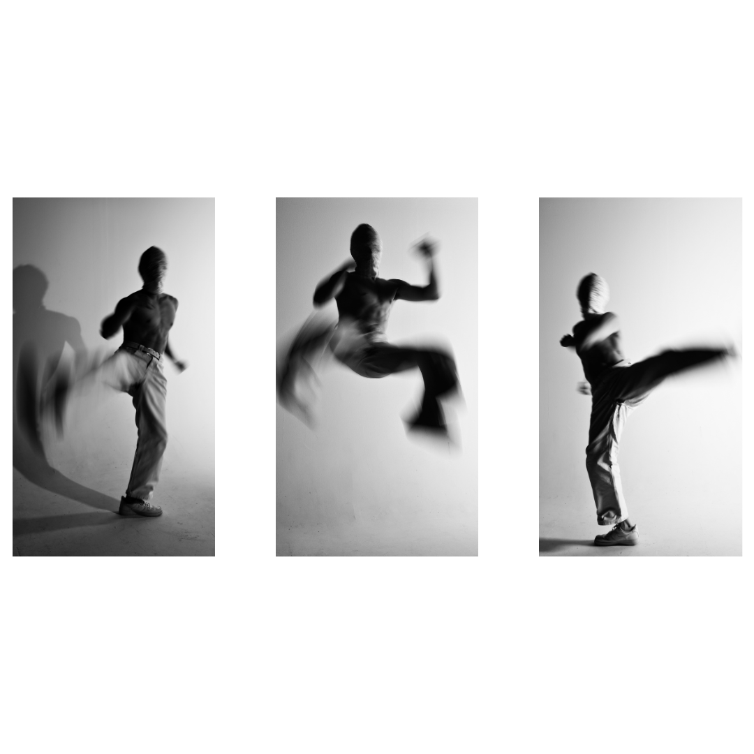 Black and white triptych of a figure performing taekwondo movements including aerial kick and jump in Bianchetto white jeans, The Flying Crane, MINUSELEVEN AUDIOVISUAL