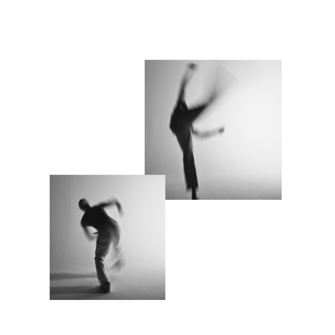 Two overlapping black and white photographs of figures in dynamic aerial movement, staggered layout, motion blur, The Flying Crane, MINUSELEVEN AUDIOVISUAL