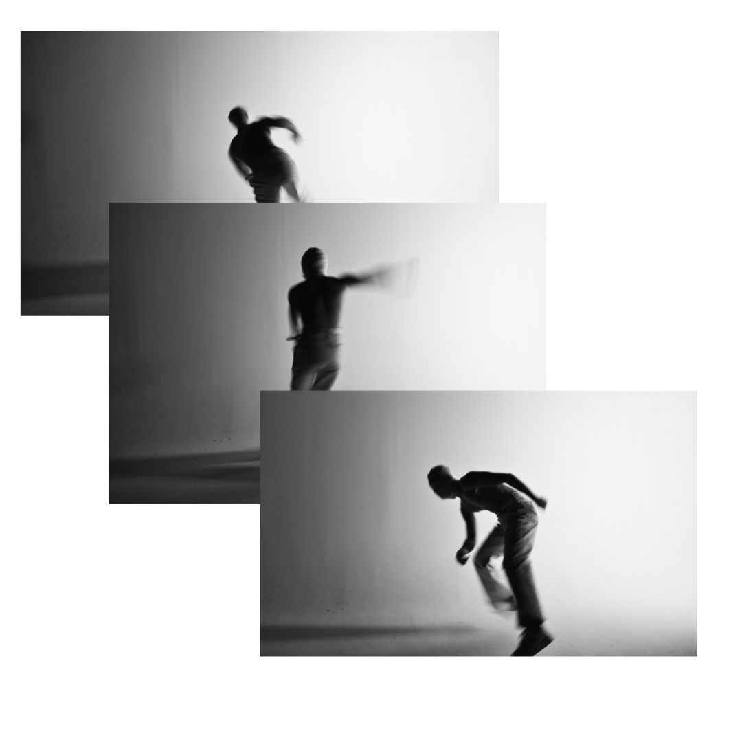three stacked images of masked model in perplexed and candid moments while performing an aerial kick with motion blur and in black and white.