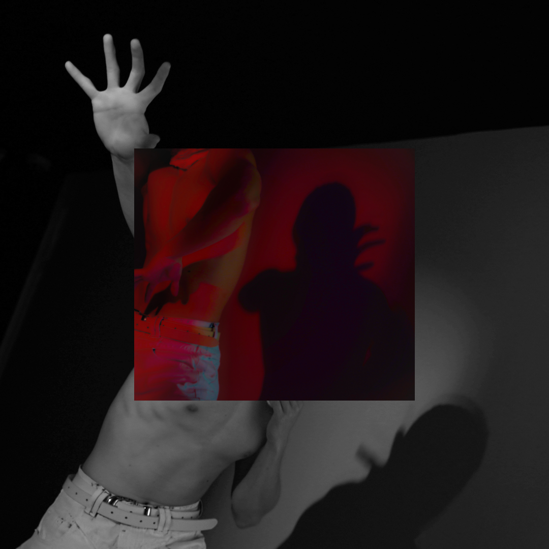 Conceptual composite photograph with red-lit torso inset against black and white figure in white Bianchetto jeans, raised hand, experimental fashion photography, MINUSELEVEN AUDIOVISUAL