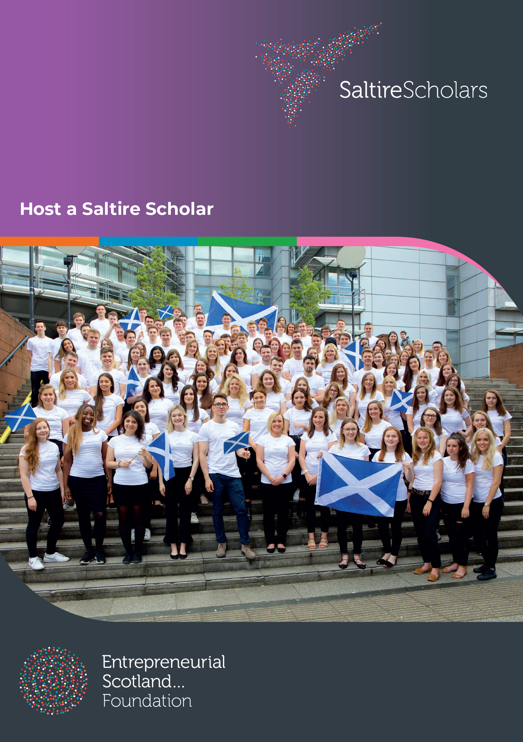 front cover of Saltire Scholars booklet with an image of  a group of interns with saltire flags