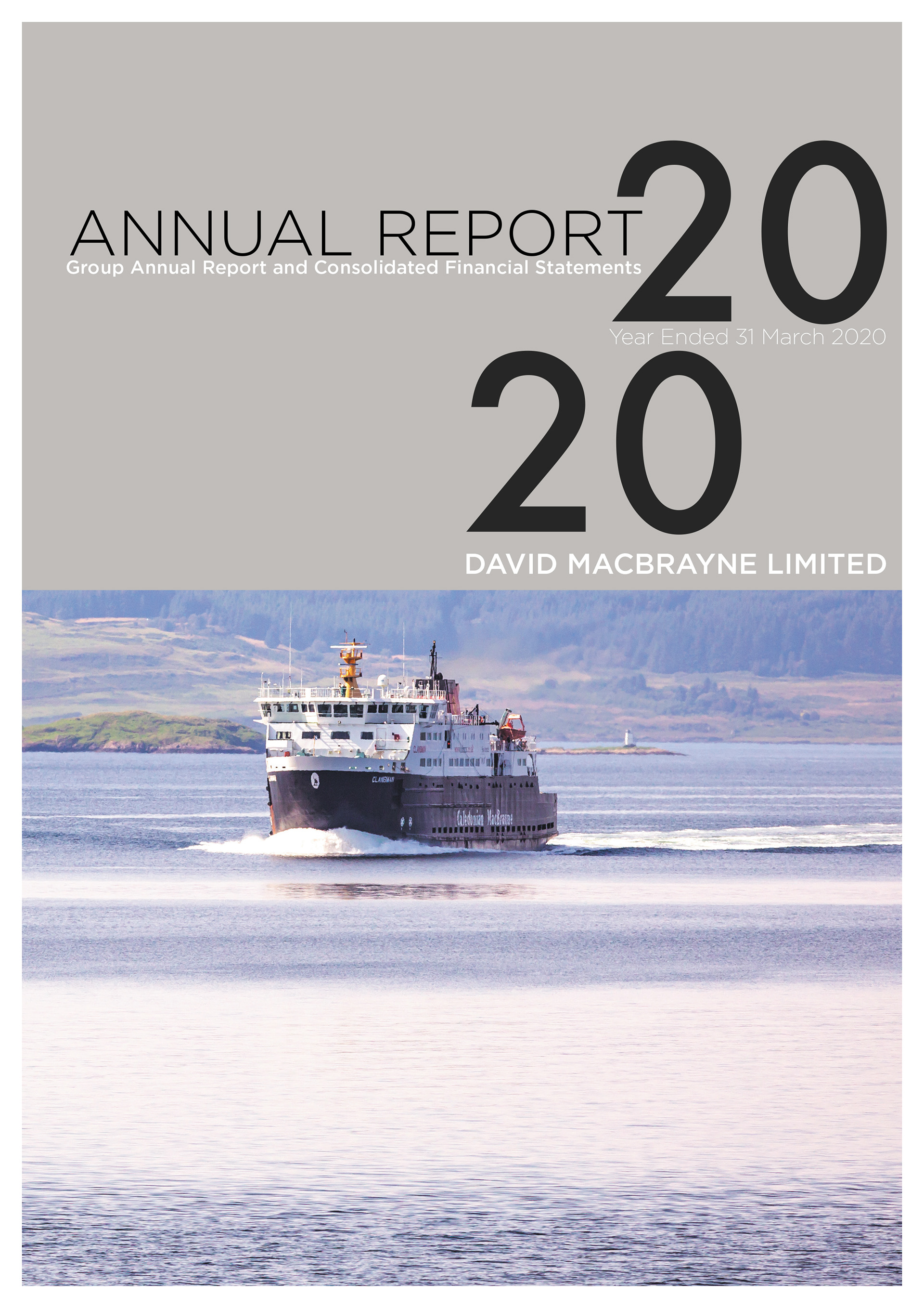 Front cover of David MacBrayne annual report 2020 with Calmac boat sailing in calm water