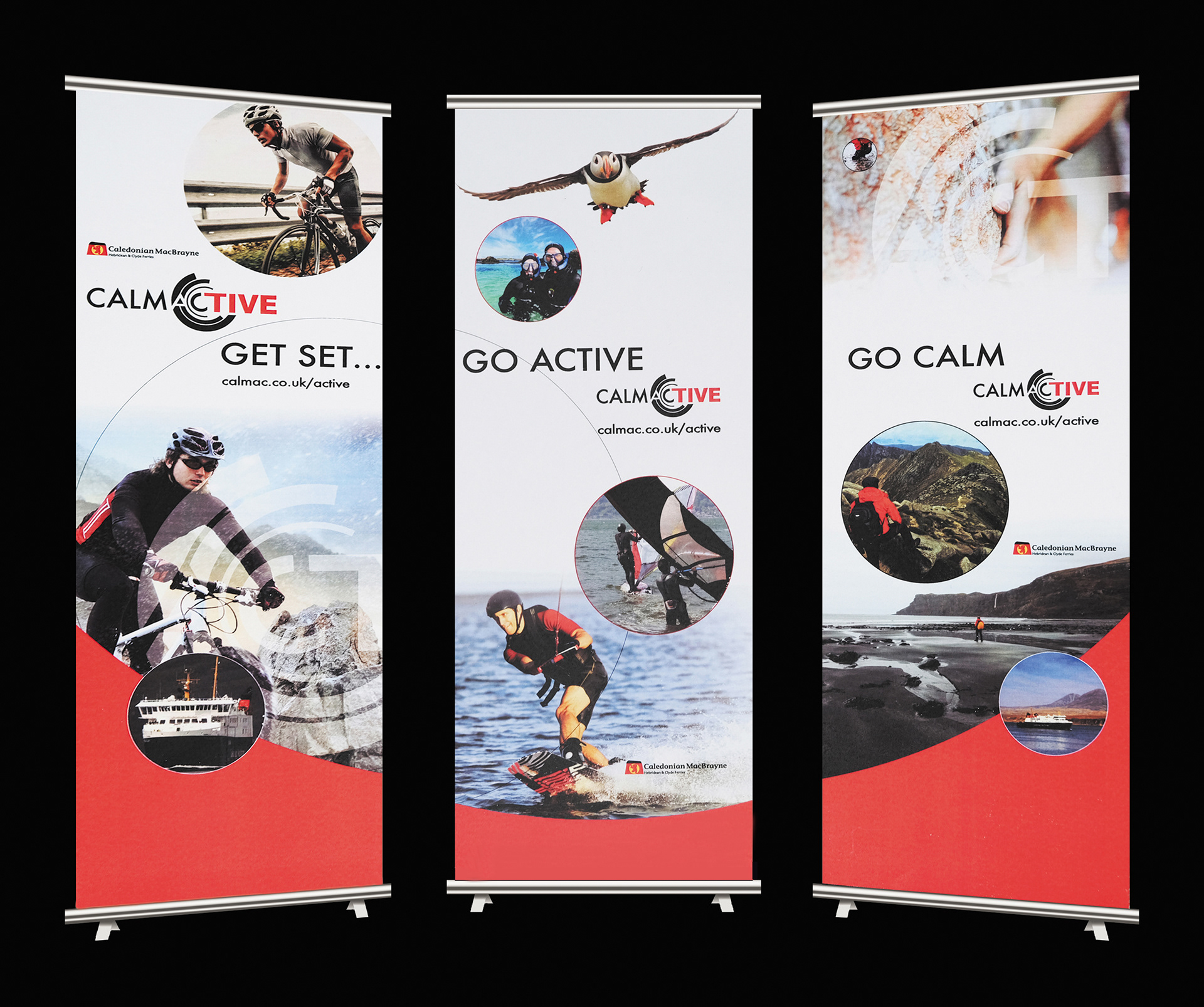 pull up banners for Calmactive showing mountain biking, wind surfing, and climbing