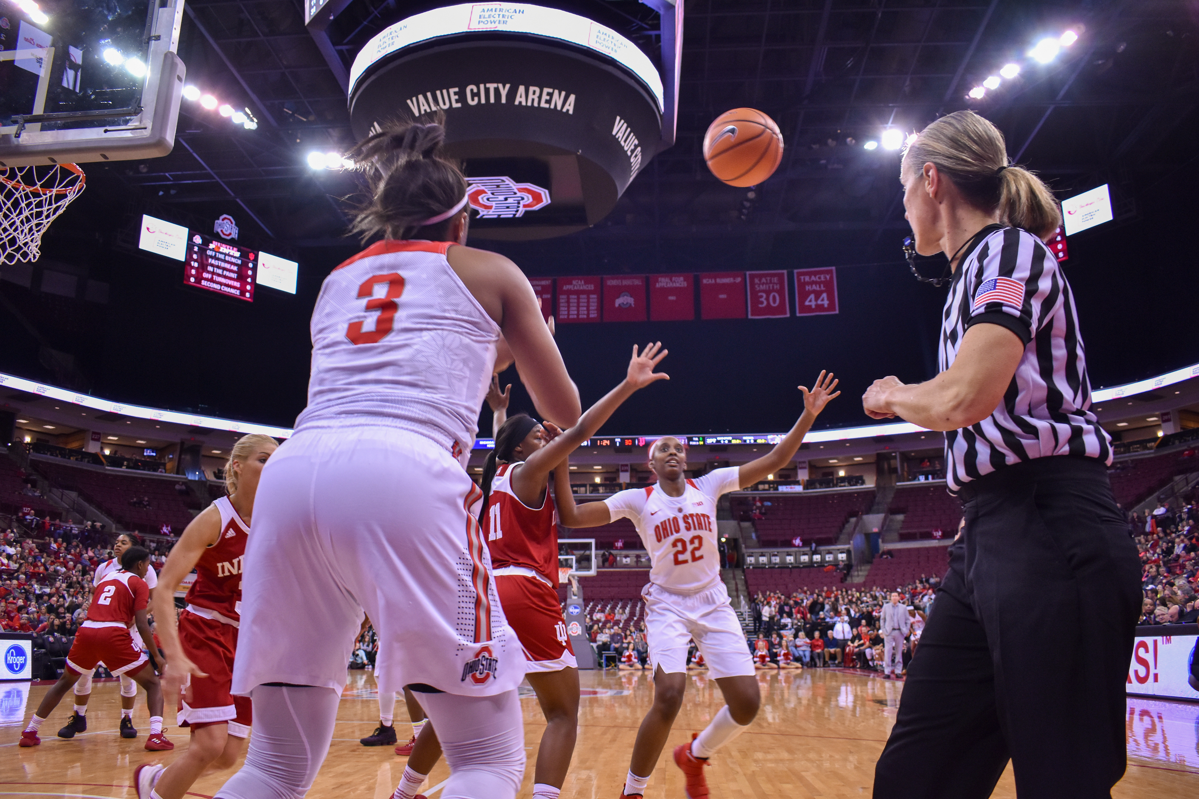 Kelsey Mitchell inbounds the ball to Alexa Hart vs. Indiana University