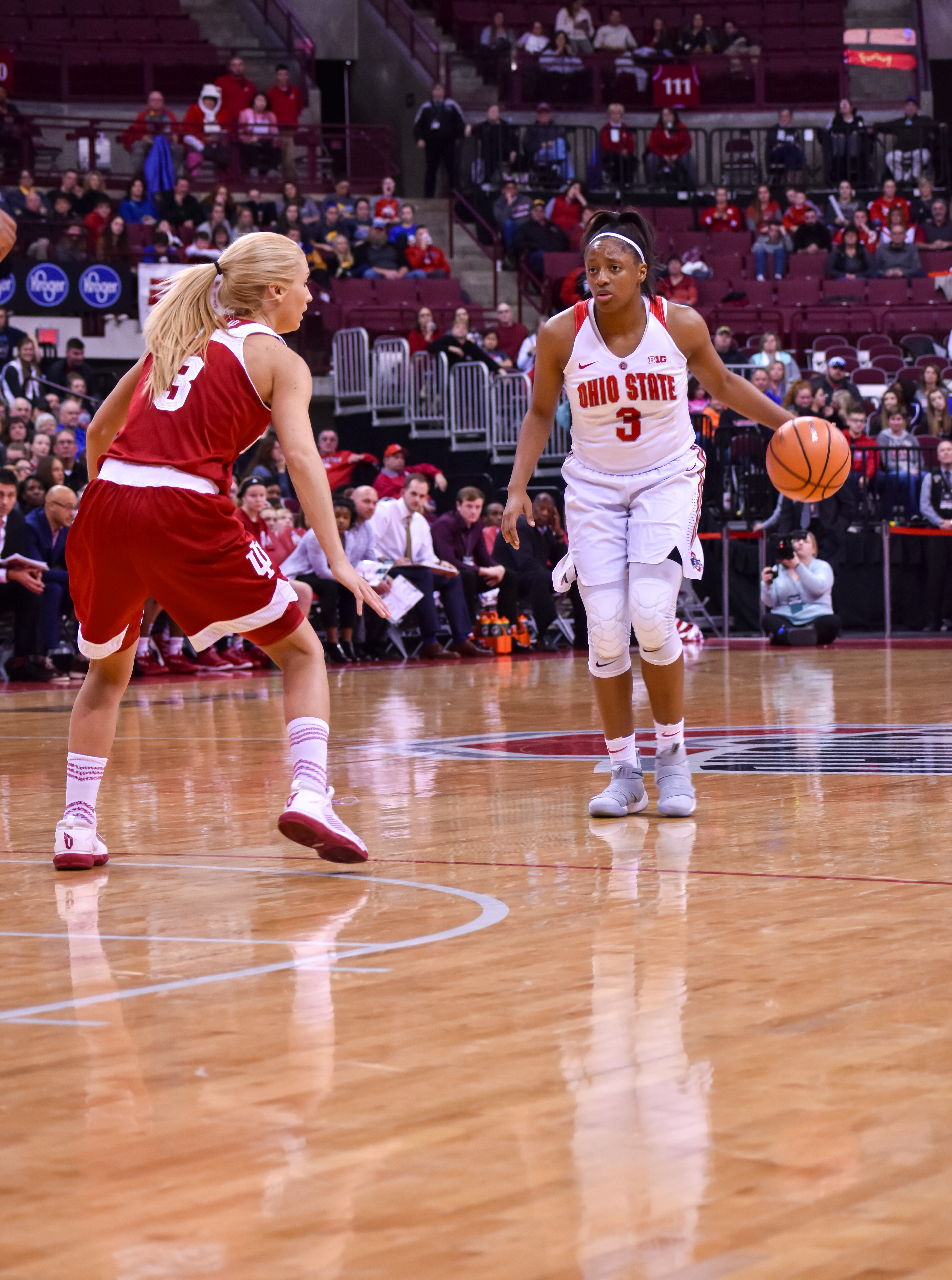 Kelsey Mitchell dribbles up the court vs. Indiana University