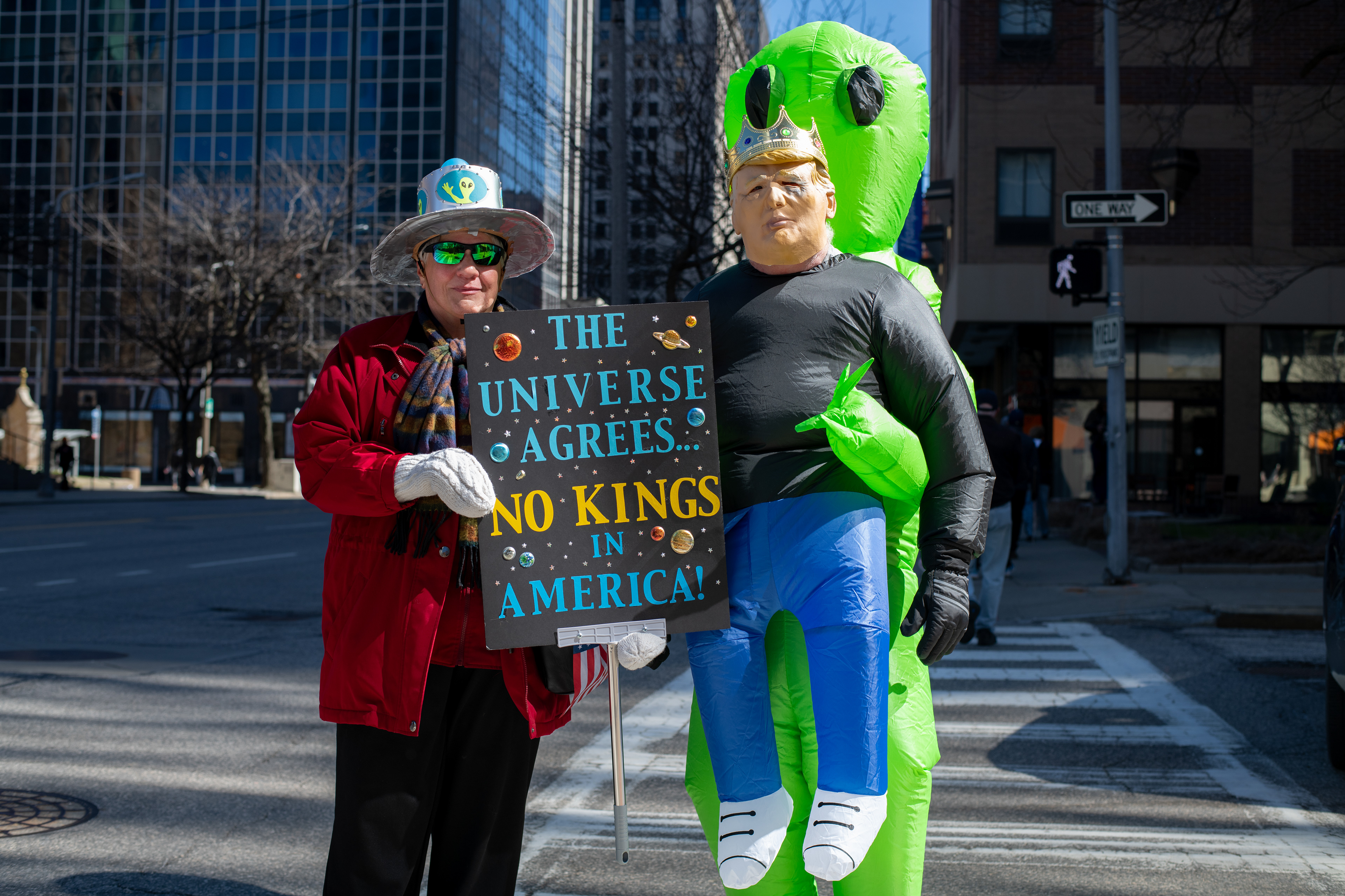 'Aliens' displaying their frustration with the Trump Administration in Downtown Cleveland, Ohio during Nationwide 'No Kings' protests on March 28th, 2026