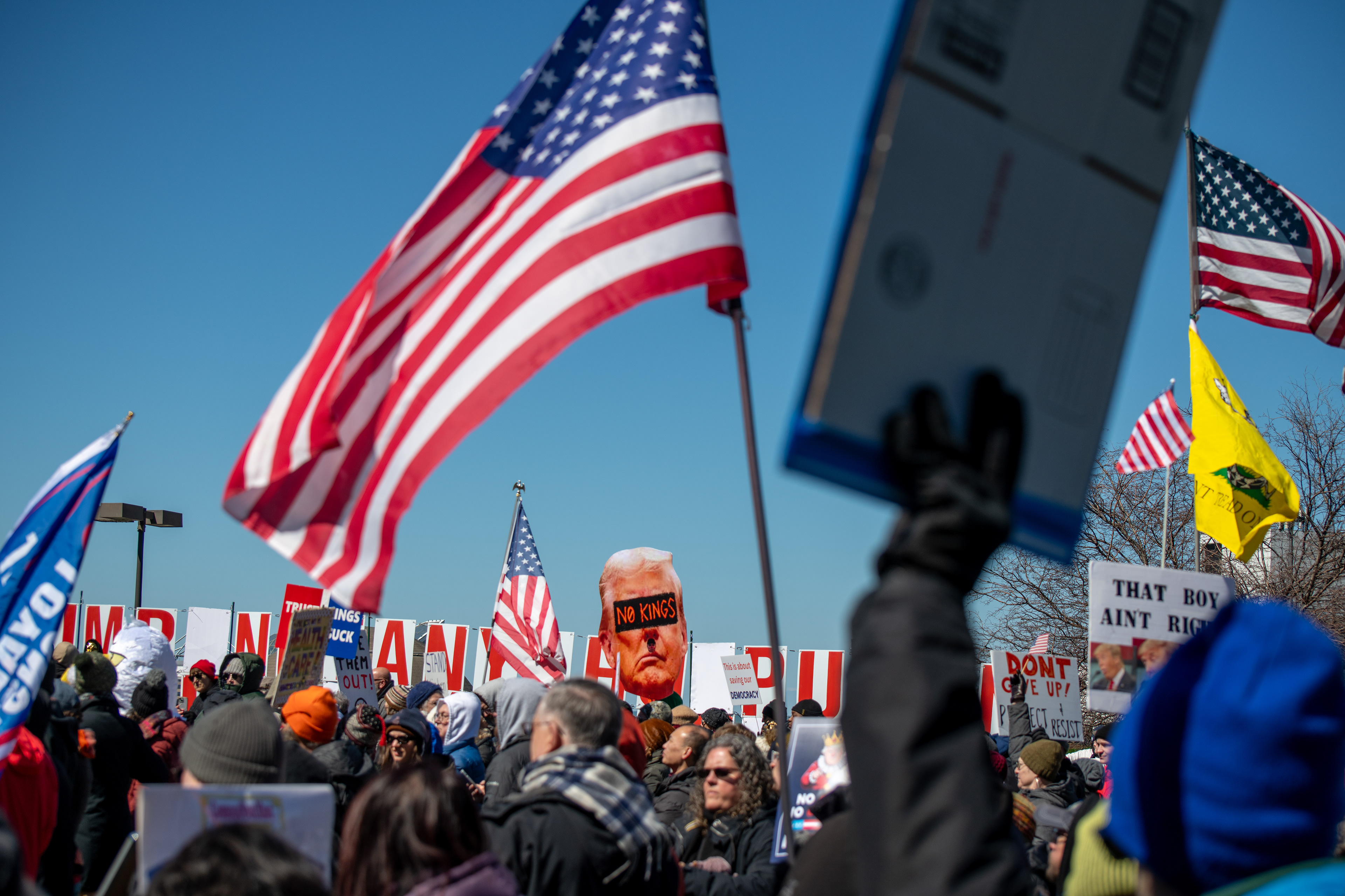 Protestors gather in Cleveland Ohio to voice their frustrations with the Trump Administration during Nationwide 'No Kings' protestson March 28th, 2026