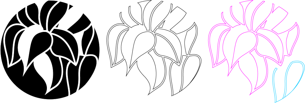 Digital design, outline for vinyl cutting, and separation of the design into smaller pieces to fit size constraints of the vinyl cutter