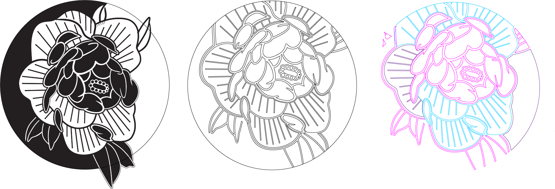 Digital design, outline for vinyl cutting, and separation of the design into smaller pieces to fit size constraints of the vinyl cutter