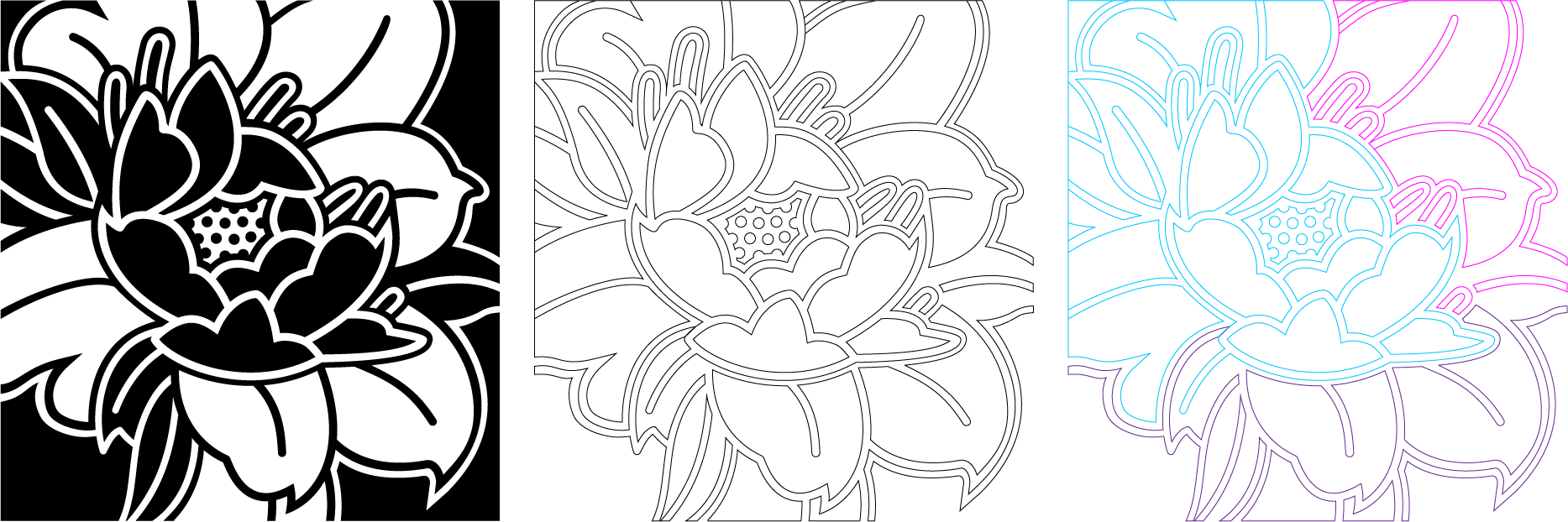 Digital design, outline for vinyl cutting, and separation of the design into smaller pieces to fit size constraints of the vinyl cutter