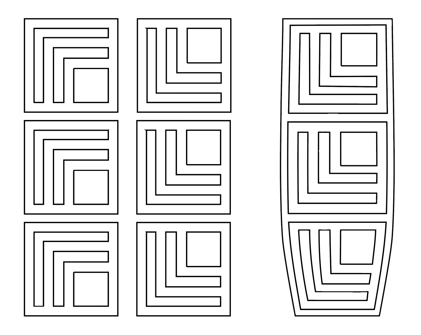 Once the two patterns on the left are warped to the correct shape they can be mirrored so there are four patterns to repeat around the cup