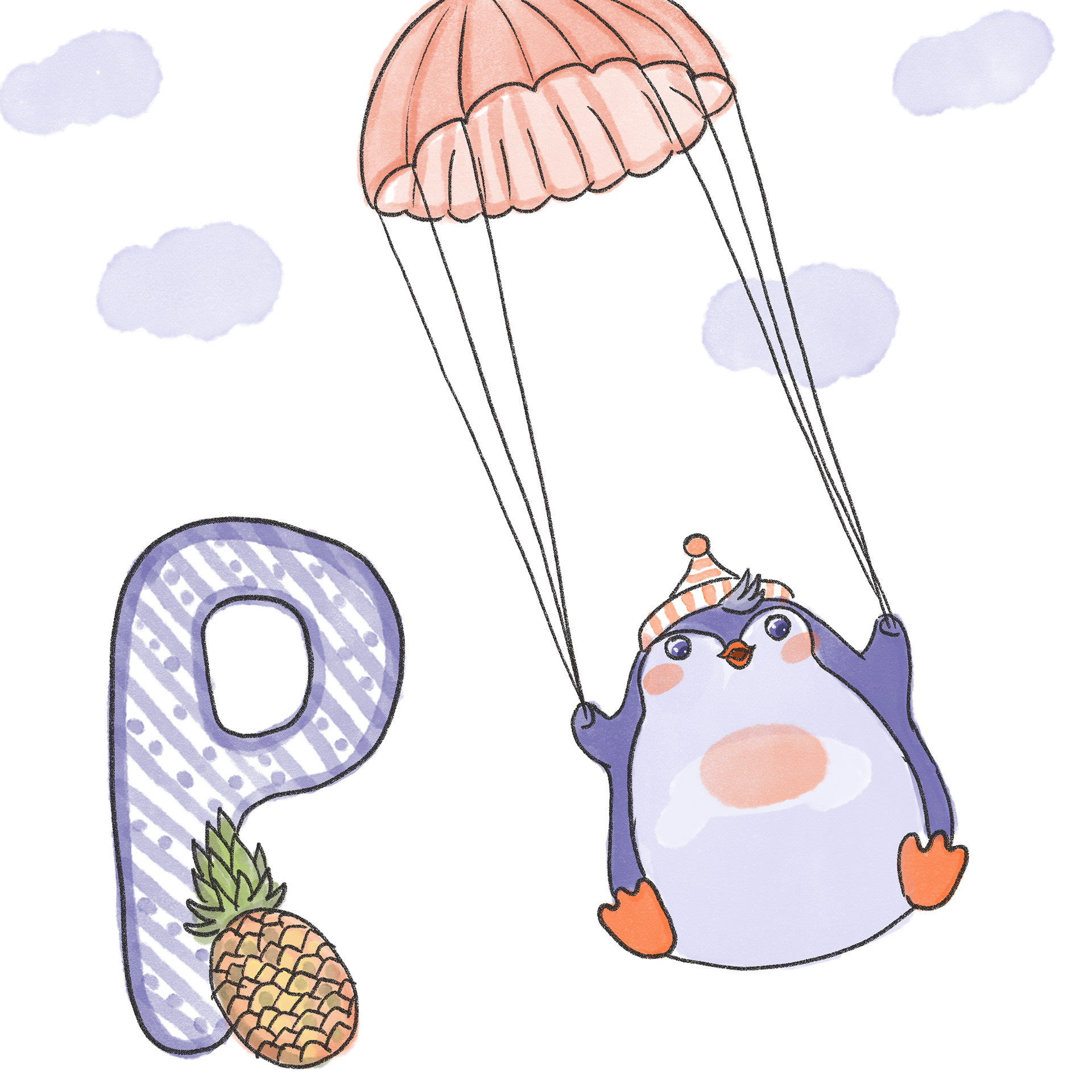 P - Pineapple, penguin, parachute
