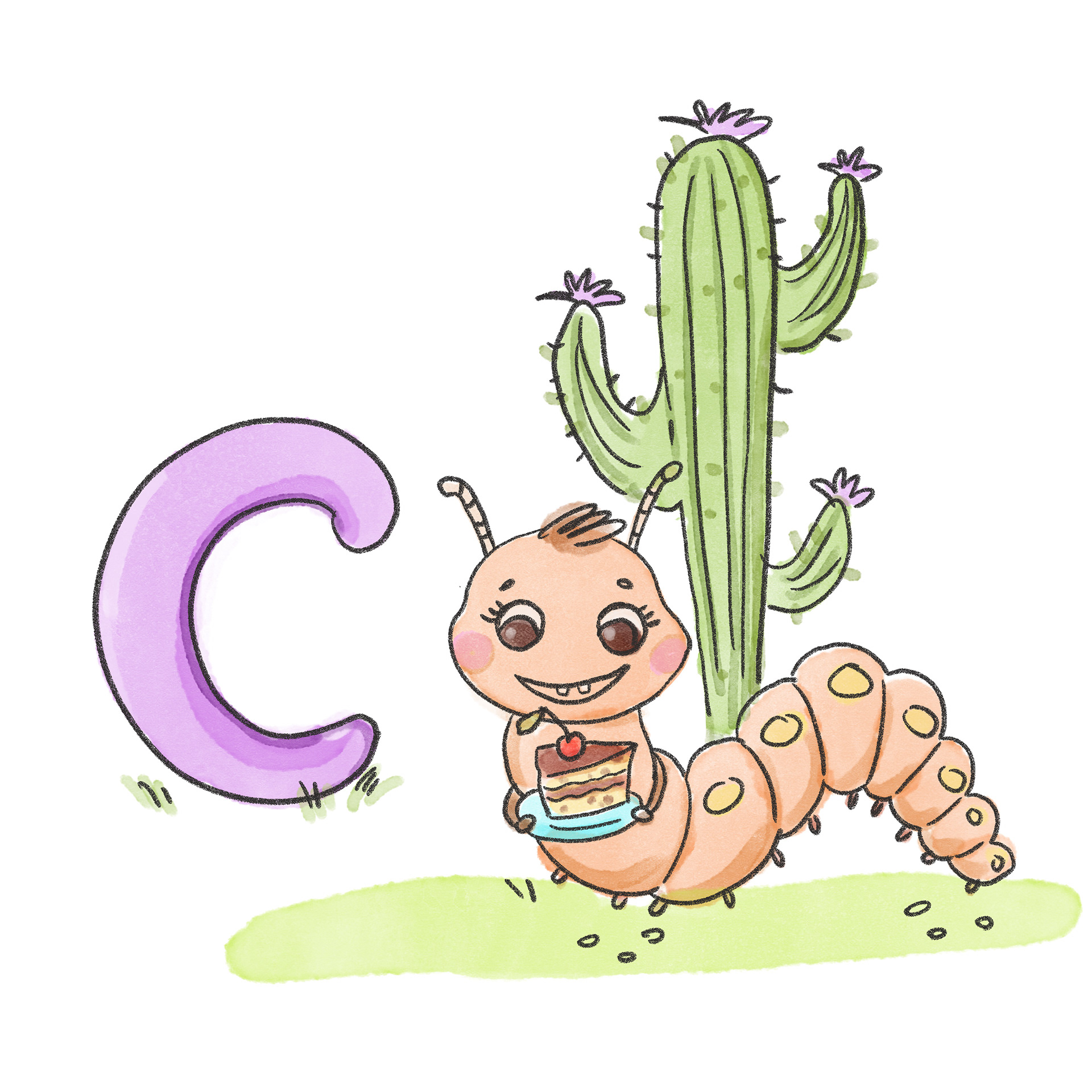 C - Caterpillar, cake, cactus