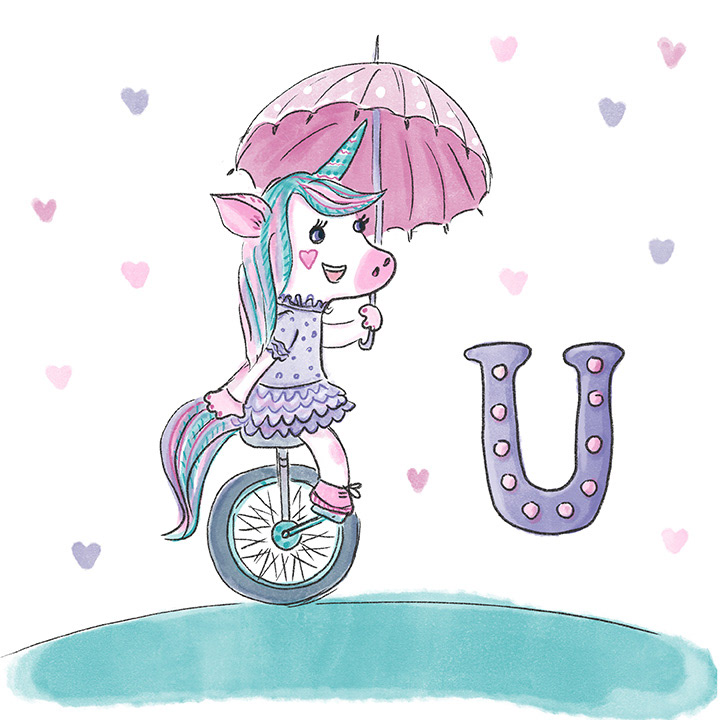 U - Unicorn, unicycle, umbrella
