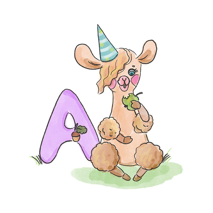 A - Alpaca, apple, acorn