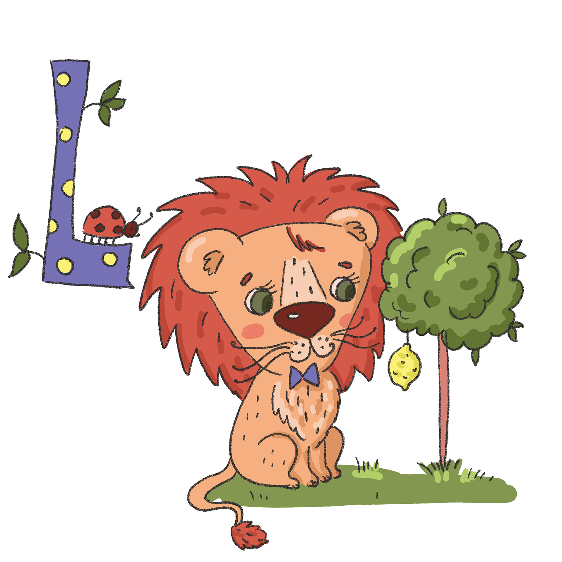 L - lion, lemon, ladybug