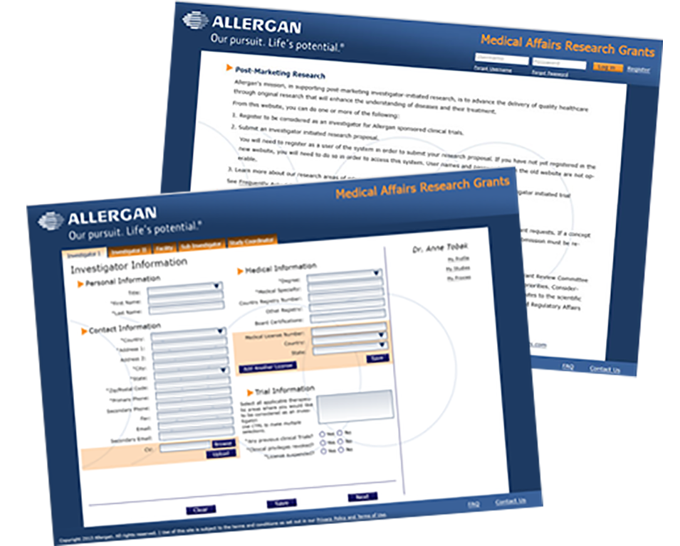 Scree Comps of after-market research management site for Allergan