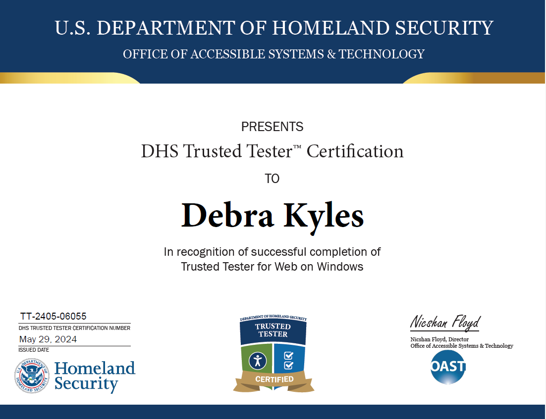DHS Trusted Tester Certification for Debra Kyles
