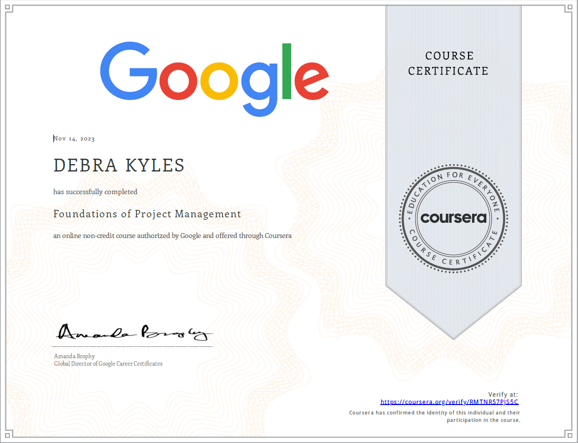 Foundations of Project Management certificate for Debra Kyles
