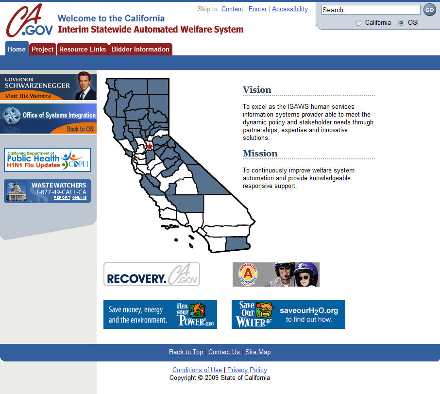 Screenshot of ISAWS website for State of California