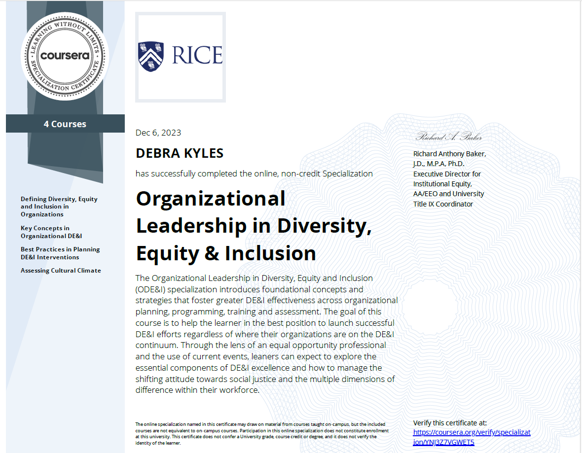 Organizational Leadership in Diversity, Equity & Inclusion certificate for Debra Kyles