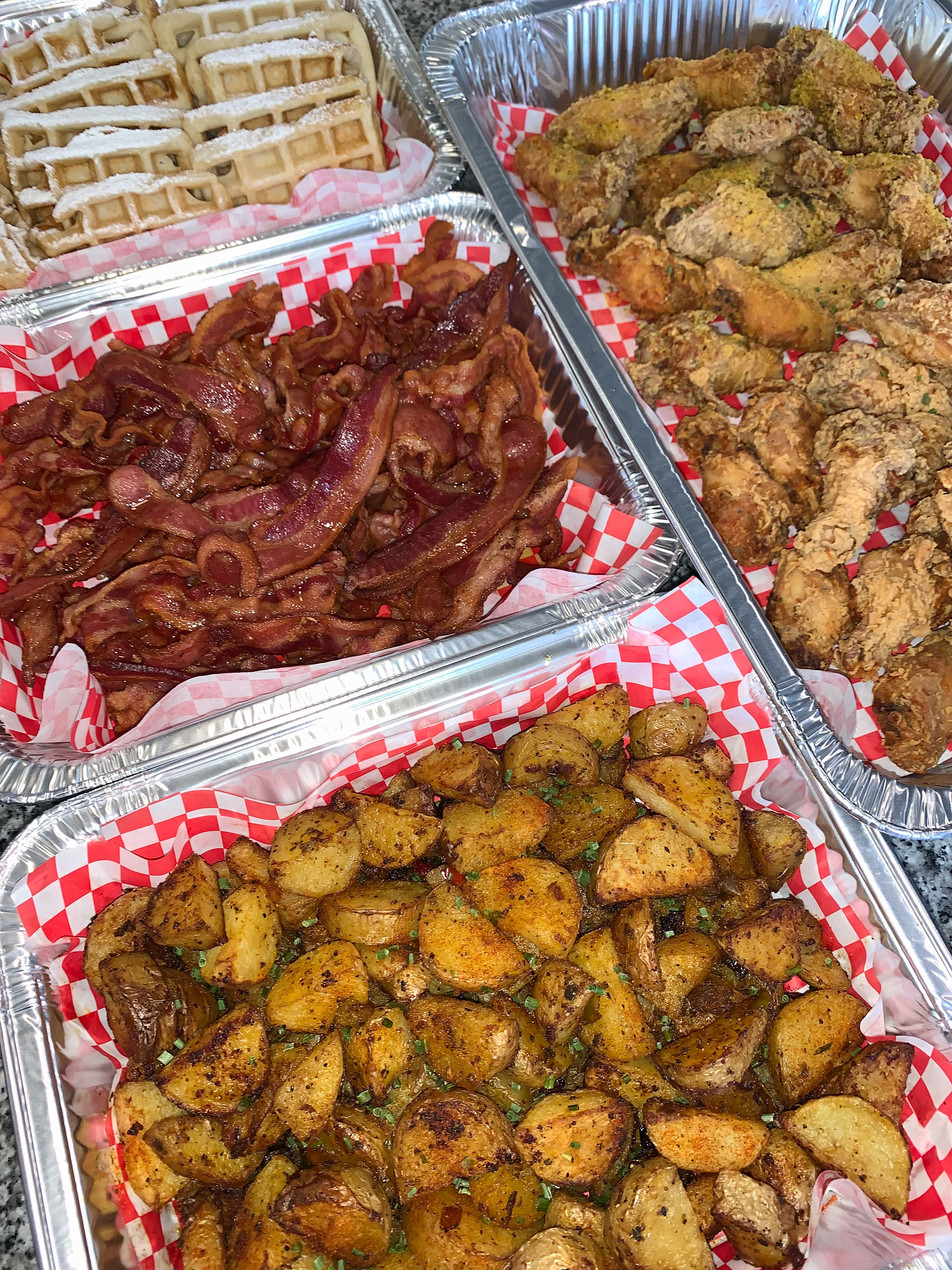 Roasted Potatoes, Bacon, Fried Chicken Wings & Waffles