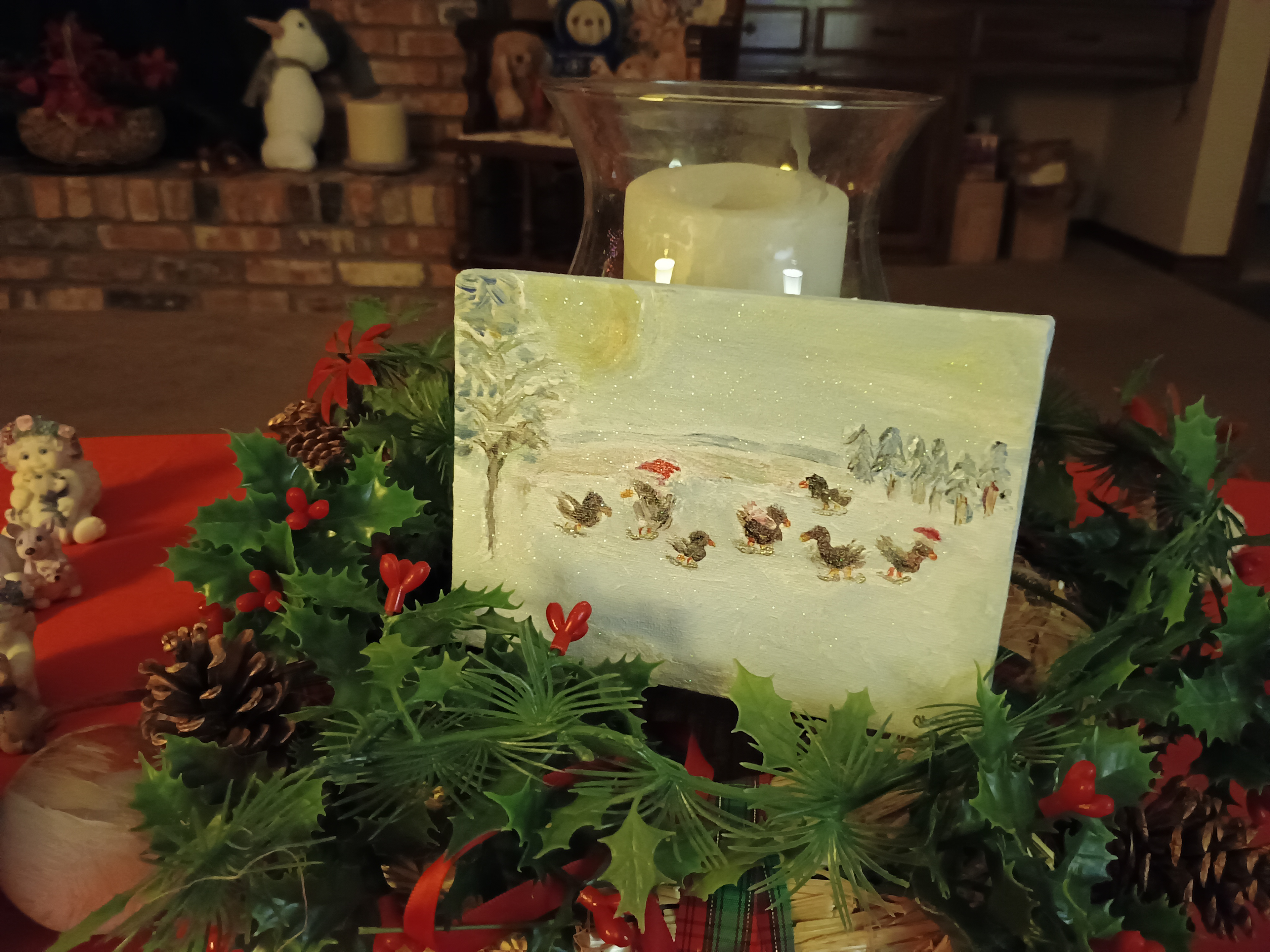 Small canvas of ducks ice skating on a frozen pond