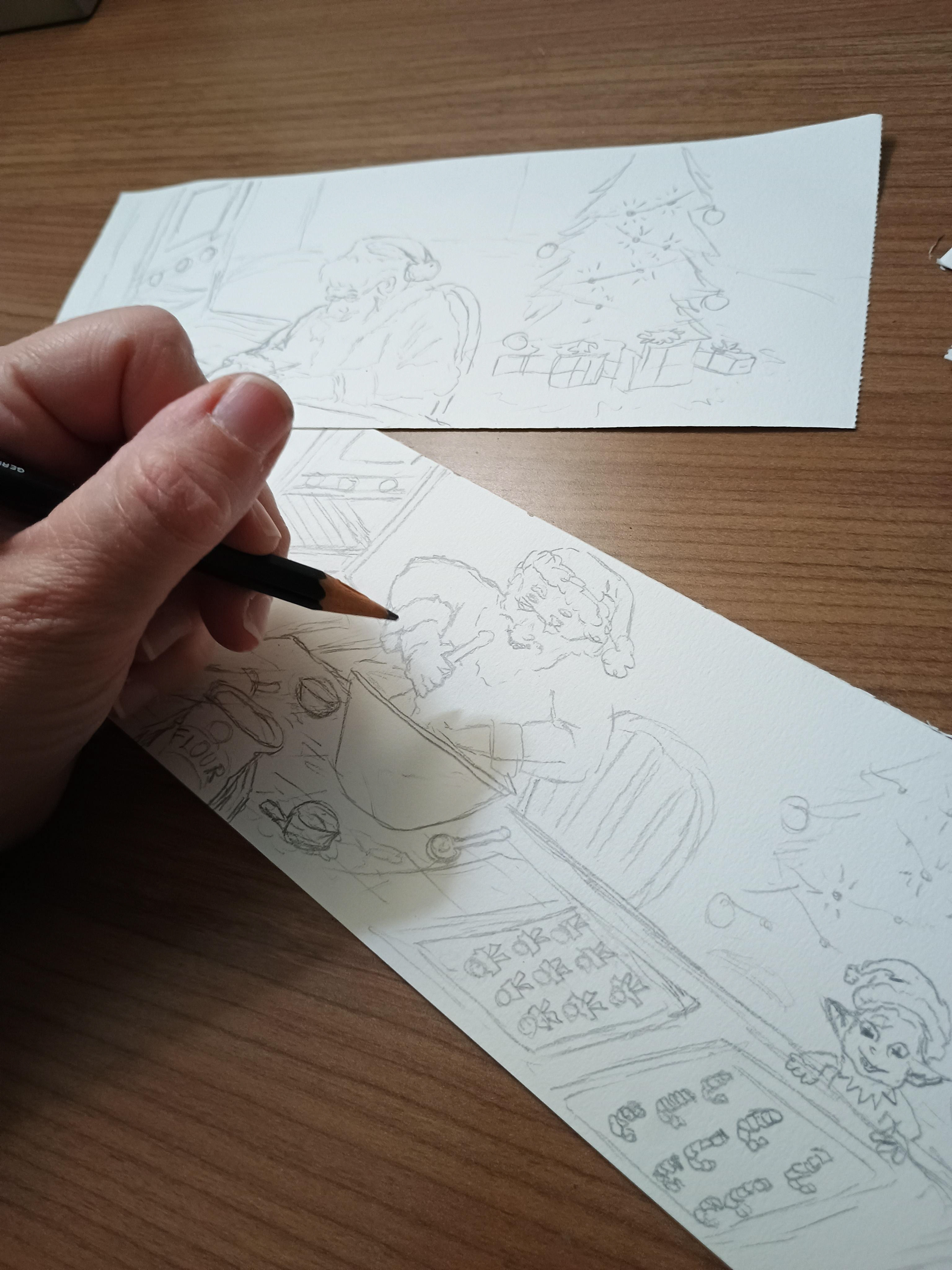 Holiday book mark - sketching Santa scenes