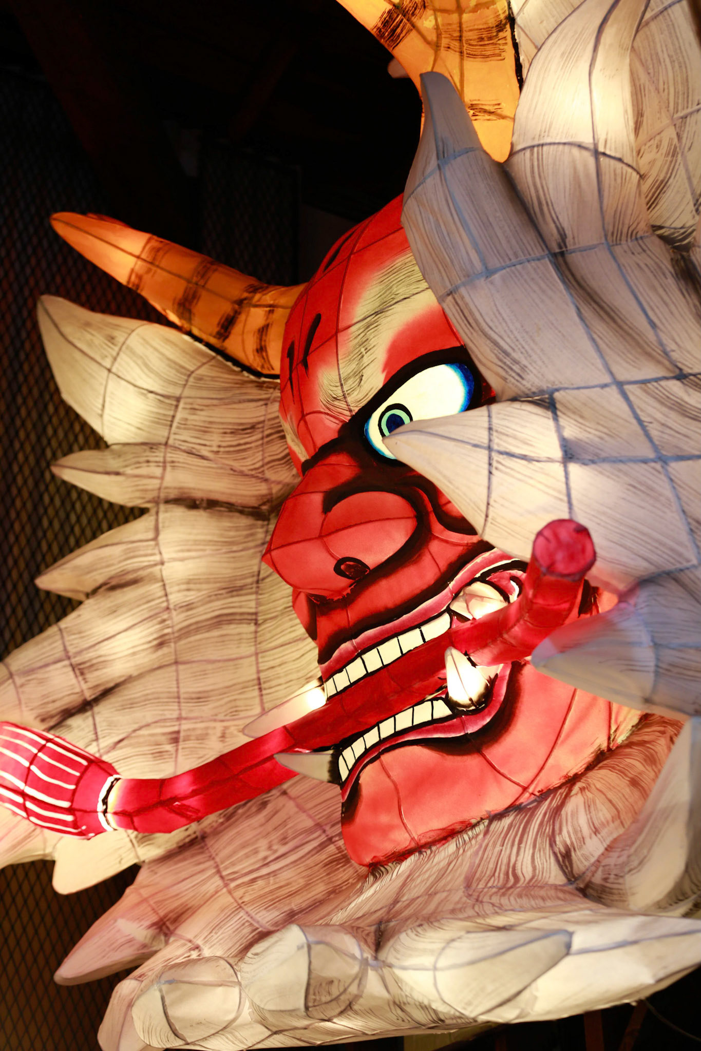 Japanese lantern float in shape of angry red giant head. Designed for Nebuta Festival, the lantern is made of paper and wire. The festival is held annually in August in Aomori city, Japan.