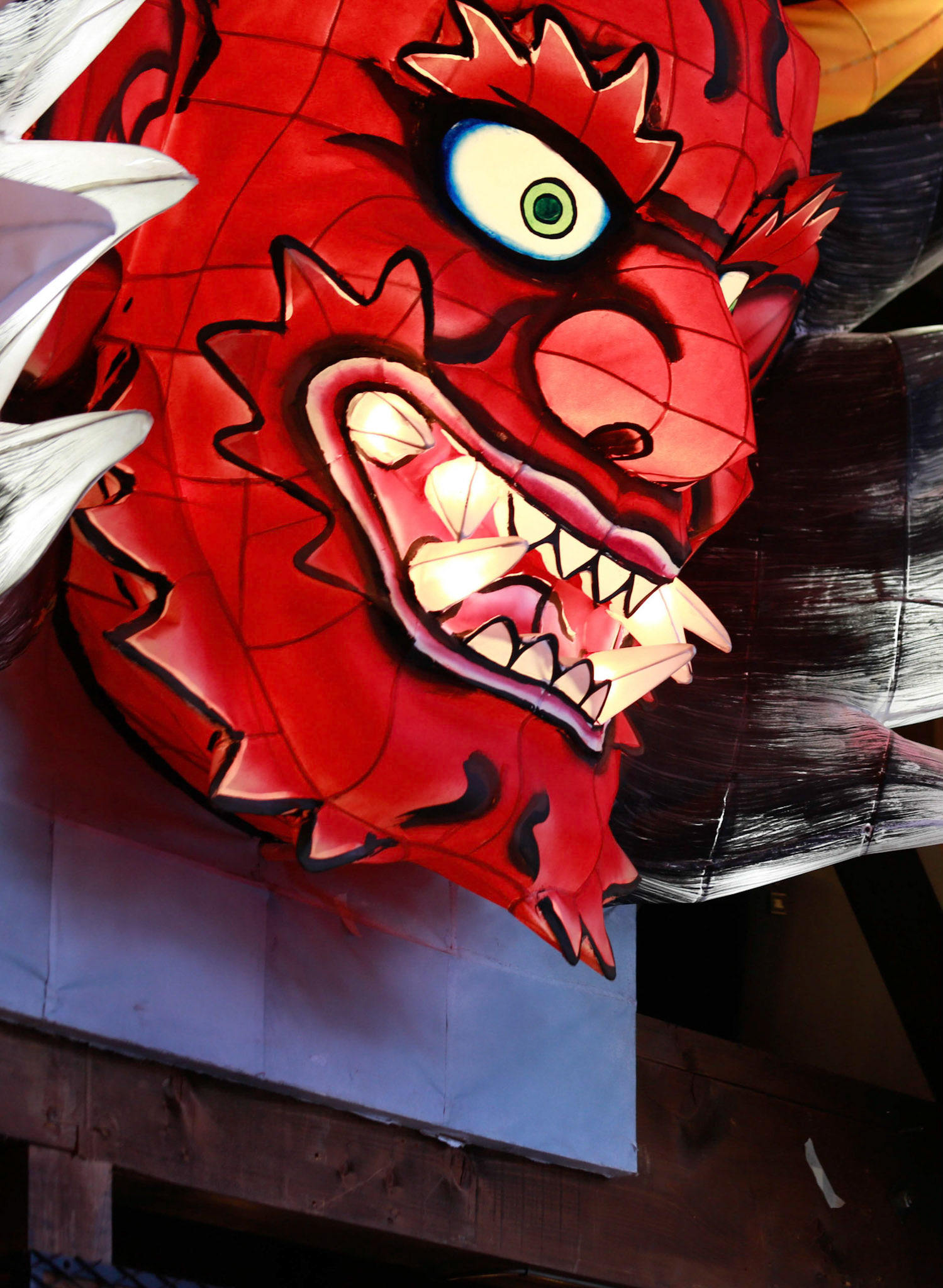 Japanese lantern float in shape of angry red giant head. Designed for Nebuta Festival, the lantern is made of paper and wire. The festival is held annually in August in Aomori city, Japan.