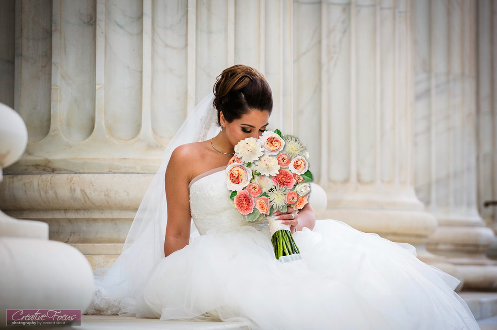 A bride buries her face in her gorgeous bouquet to enjoy the scents of peonies and garden roses