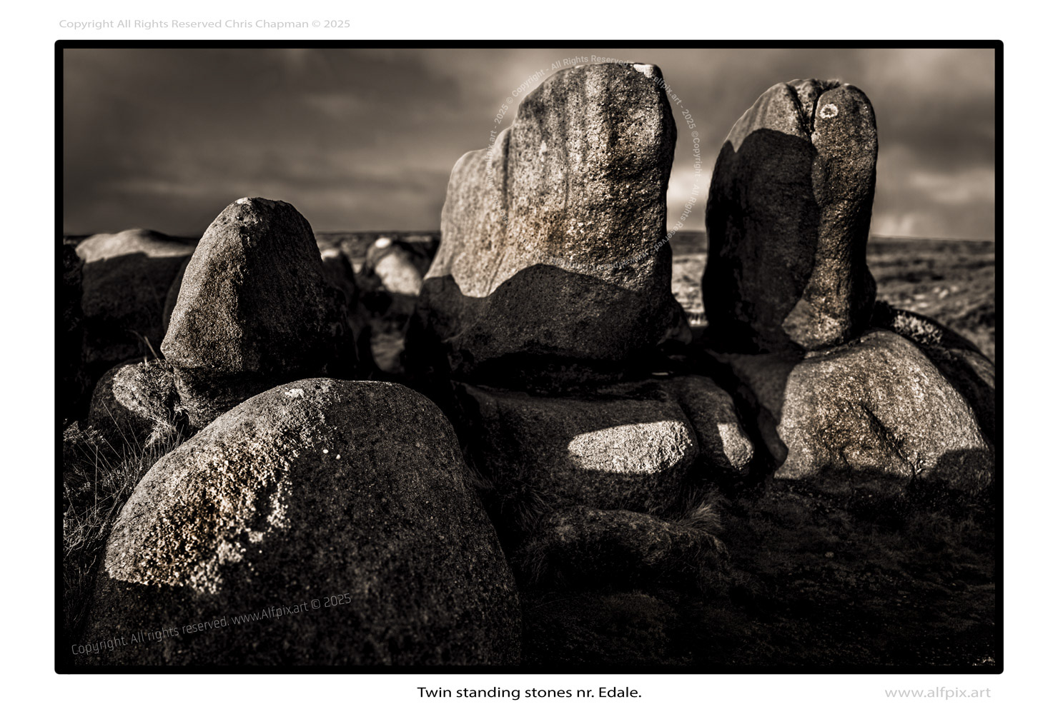 Twin standing stones near Edale. Peak District National Park. UK