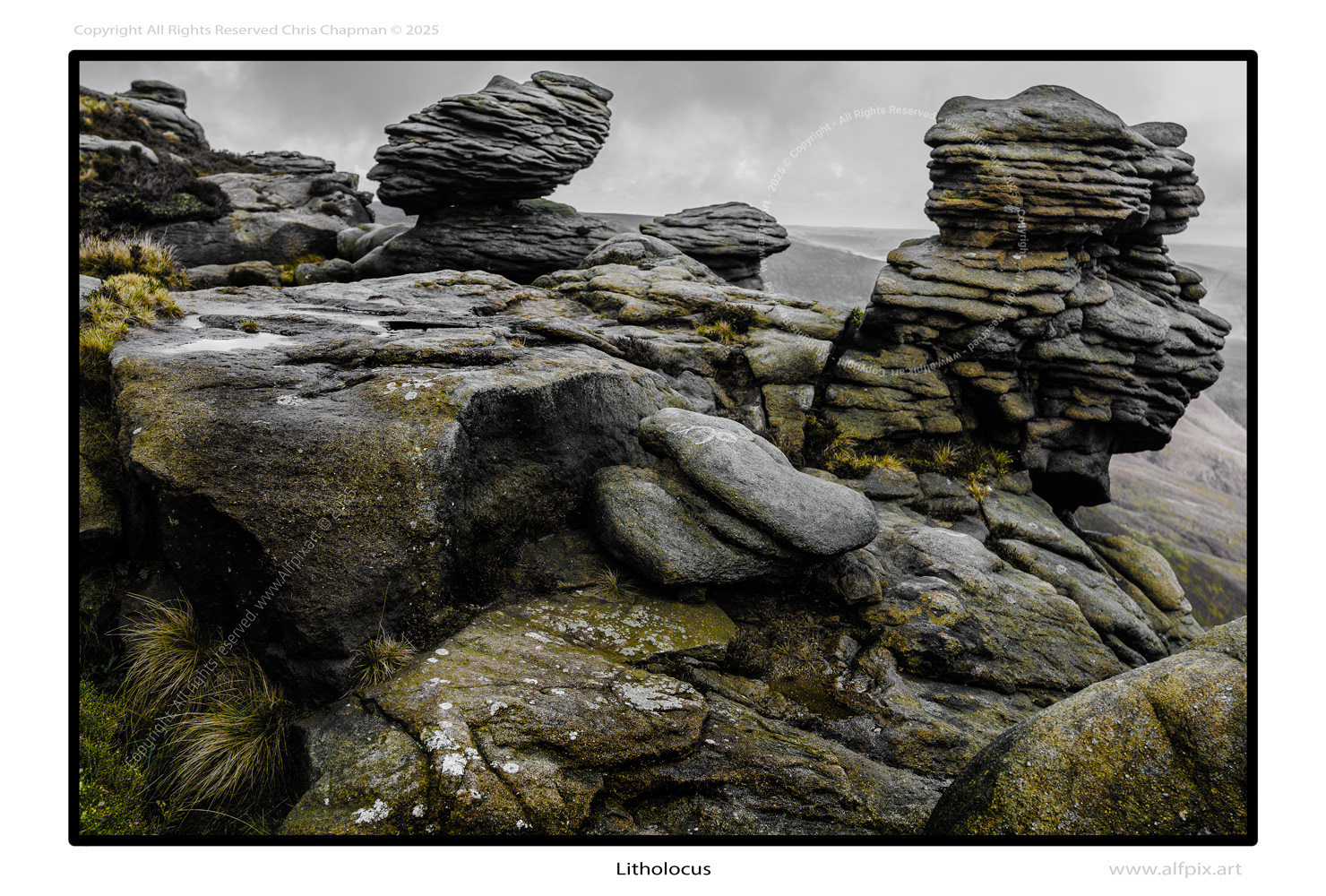 A high edge rammed with mysterious mishapen rocks. Mono image with yellow overlay. Litholocus.