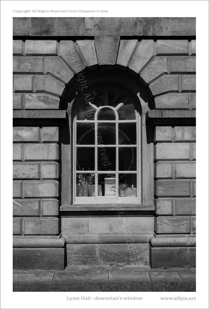 South facing downstair's window of the Hall. Lyme Hall. Black and White image. 