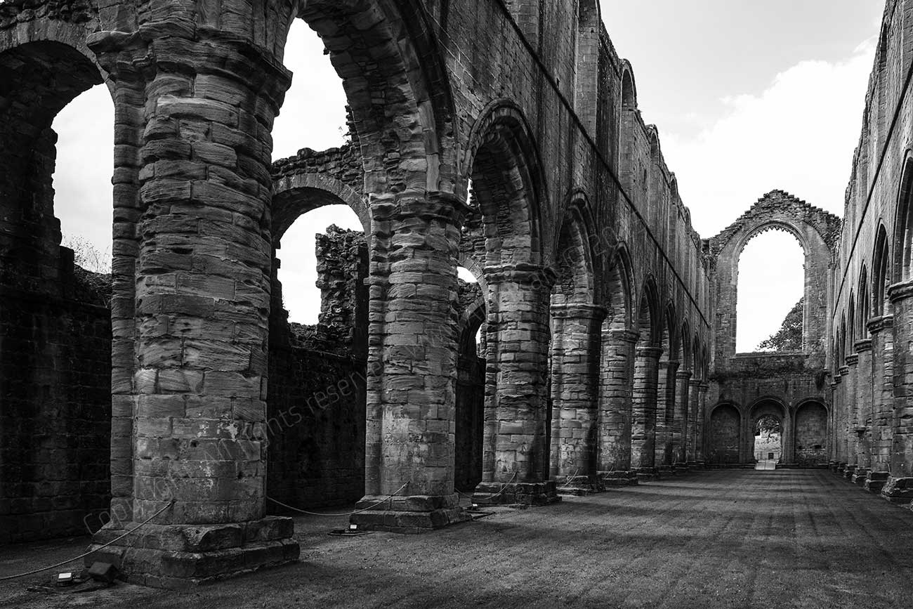 The Nave. Fountains Abbey. Black and White image.