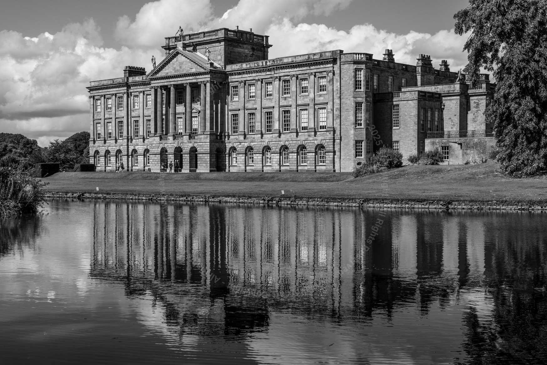 Lyme Hall. South Side. Lake. Black and White image.
