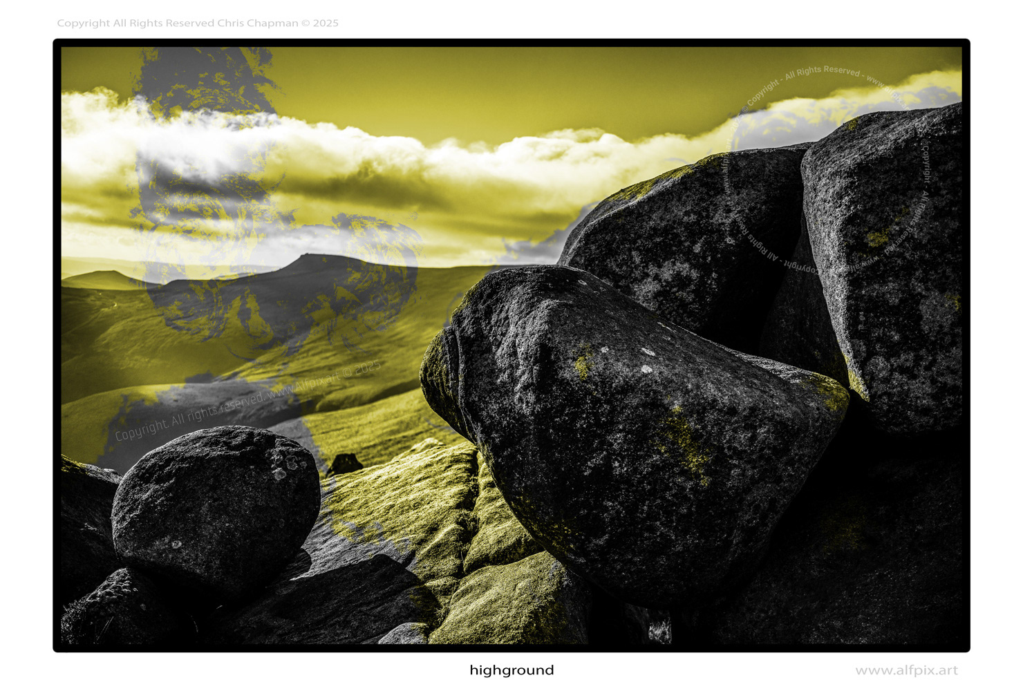 View overlooking Jacob's ladder in the distance. Mono image with yellow overlay. 