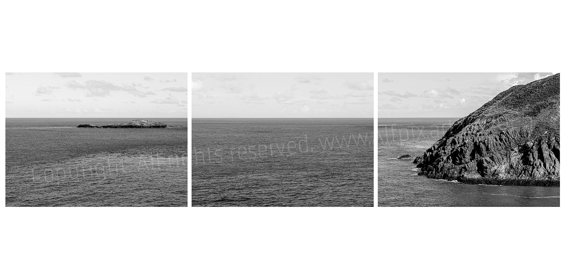 Triptcyh - Anglesey on the northern coast. In the left hand frame is a tiny island called Mouse - the most northern point of Wales. Black and white image.