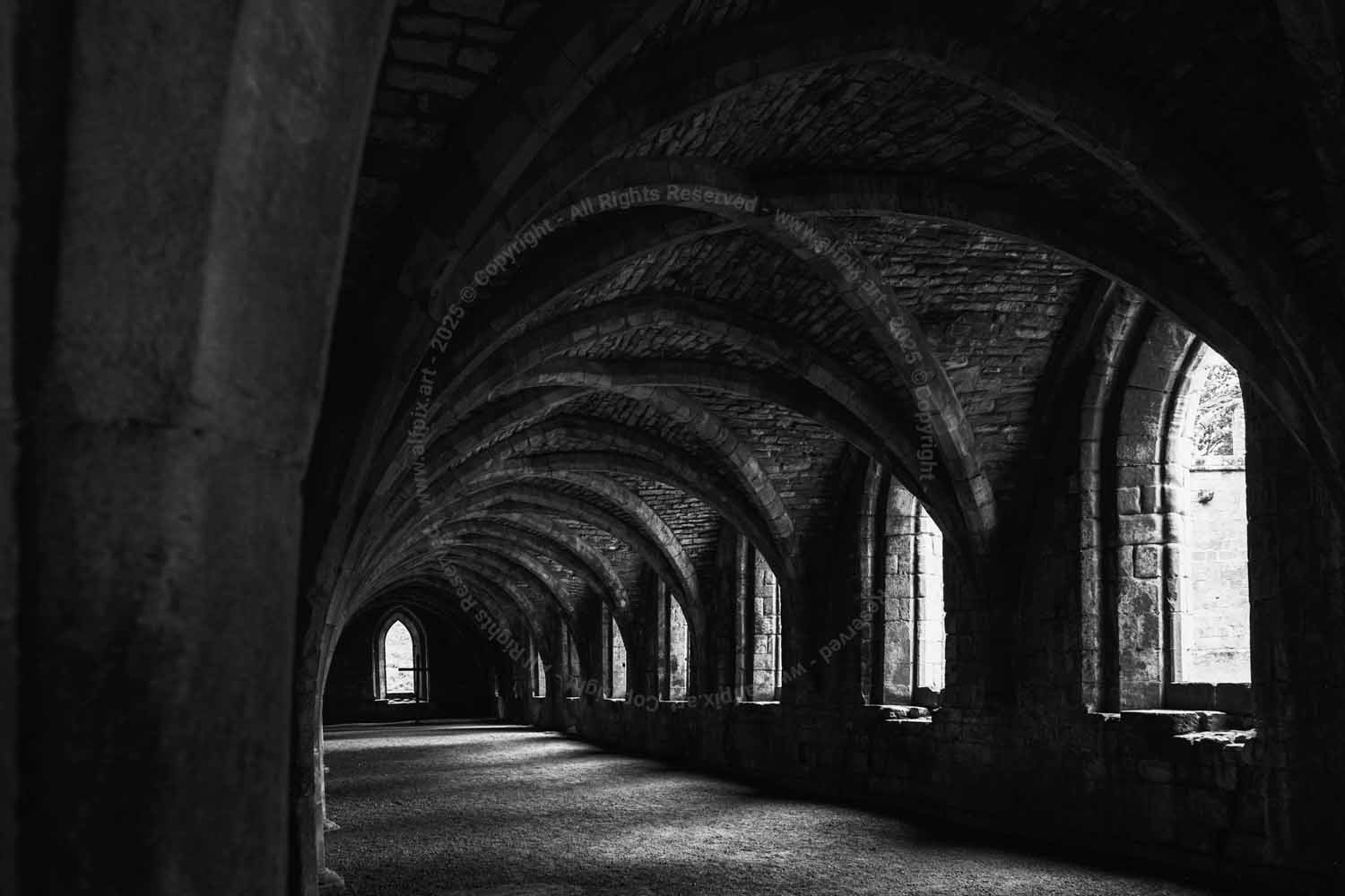 Vaulted ceilings. Cellarium. Fountains Abbey.