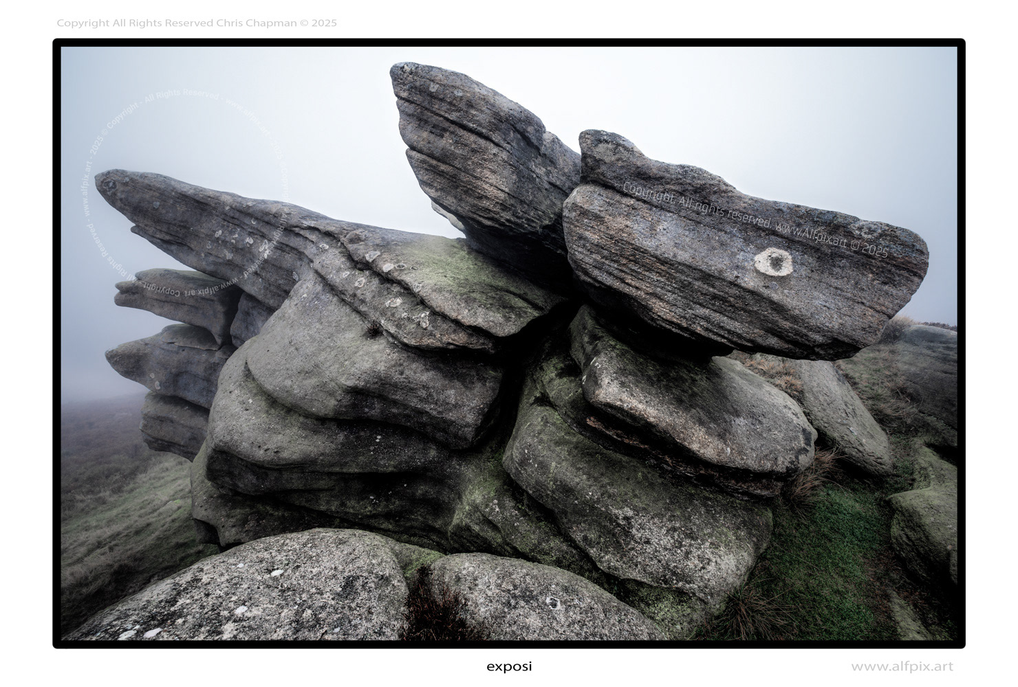 Exposi. Colour image. Rock formation seen on Derwent Edge. Peak District National Park. Gritstone. UK. Alfpix.art chris chapman.