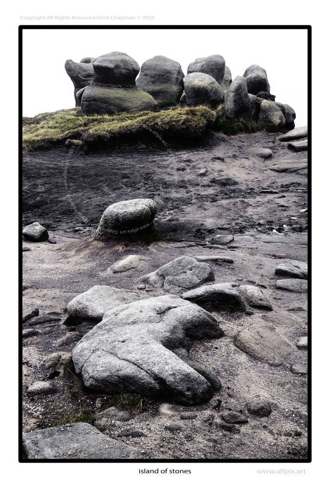 View on Kinderscout. Peaty soil, with grit and rock. Stylised image. Kinderscoutian gritstone rock. alfpix.art chris chapman