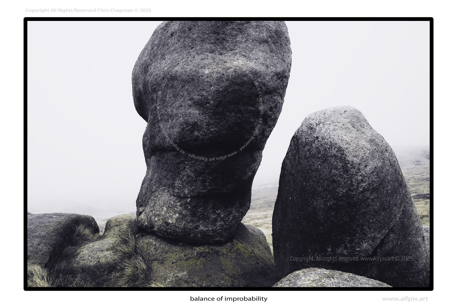 balance of improbability. Colour image. Foggy day. Standing stones. Green tint. Woolpacks. Kinderscout.